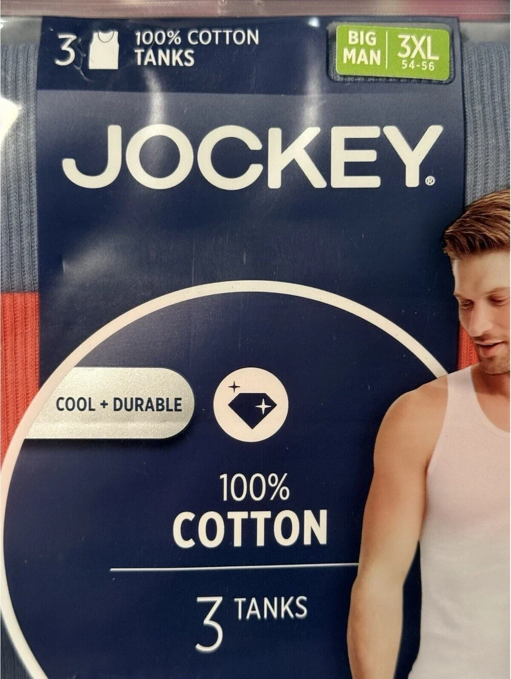 Jockey 3XL Big Man 100% Cotton Tanks 3 Pack New! Blue, Navy And Coral Colors
